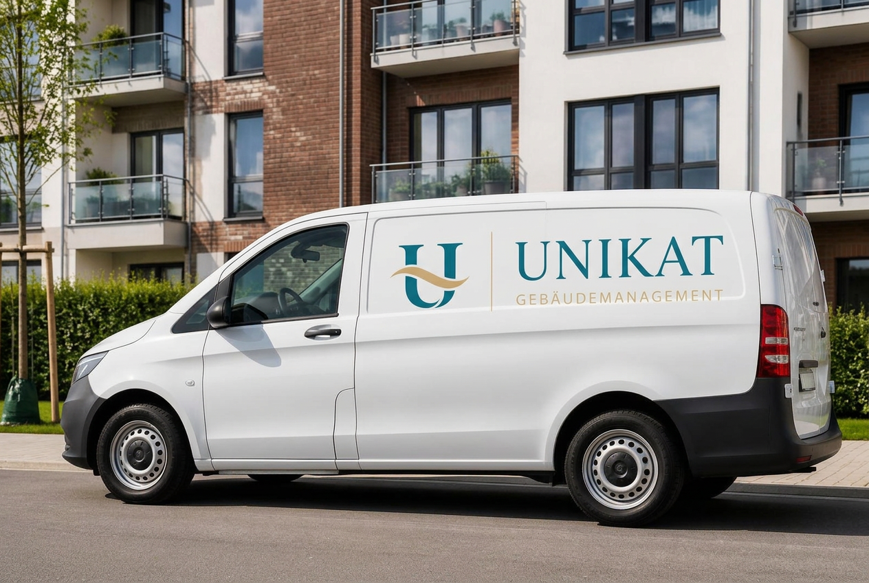 Servicefahrzeug von UNIKAT Gebäudemanagement vor einem Mehrfamilienhaus in Bremen