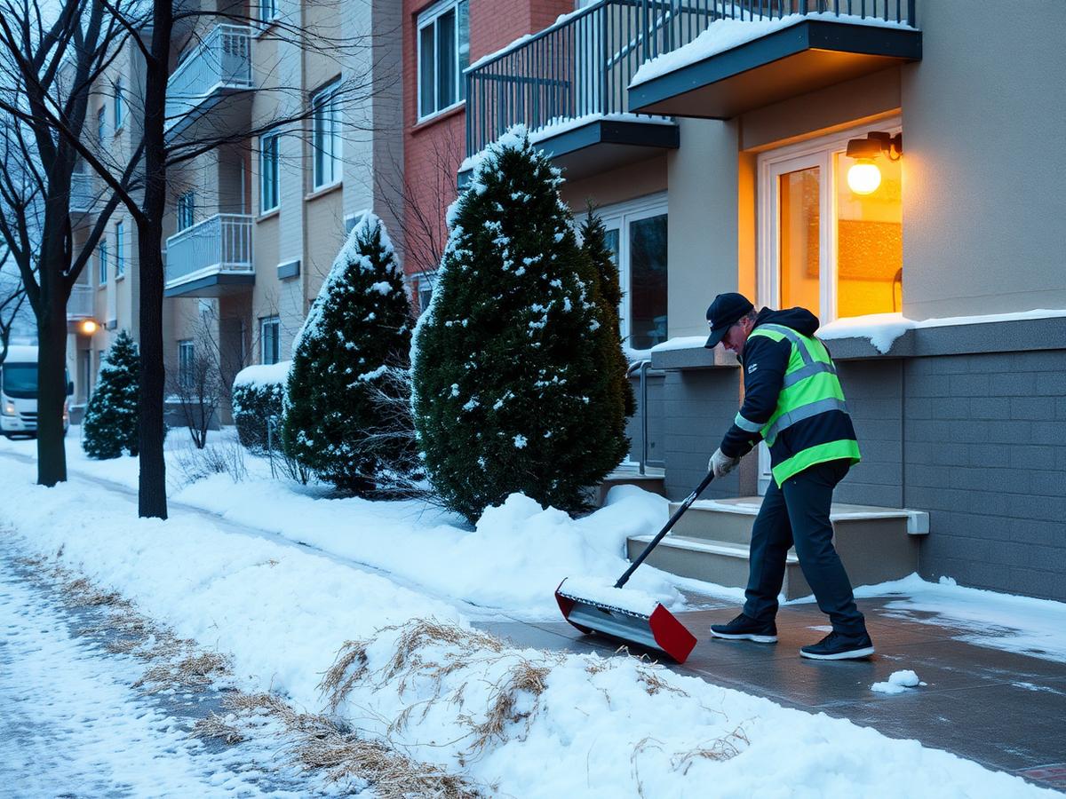 Mitarbeiter räumt Schnee vor einem Wohnhaus